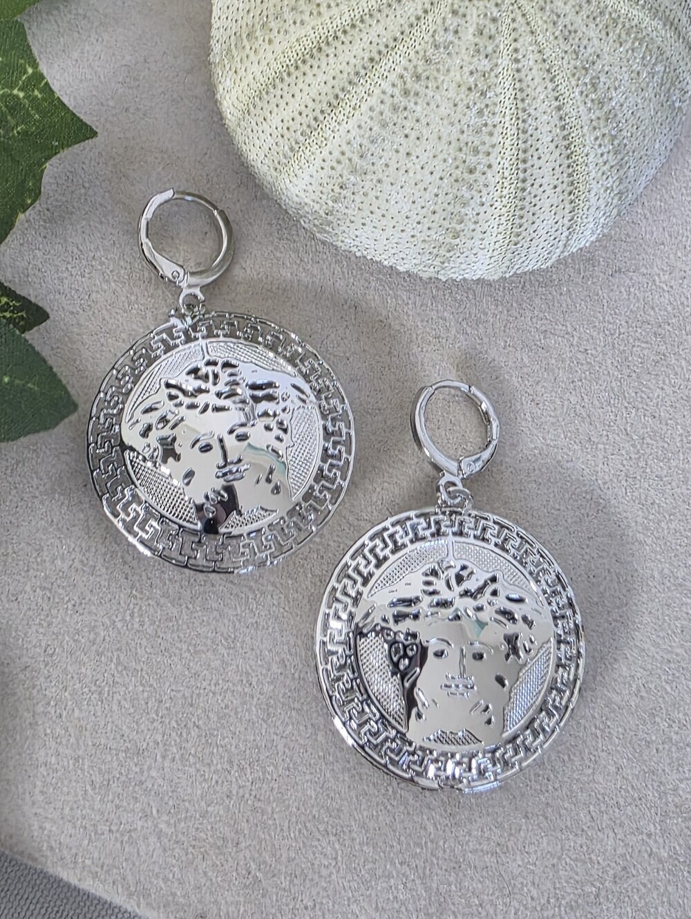 Silver Gold Filled Medusa Head with Greek Key Design Disc Huggie Hoop Earrings
